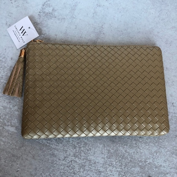 Virginia Wolf NYC Mimi Woven Metallic Gold Faux Leather Clutch Pouch - Picture 3 of 10